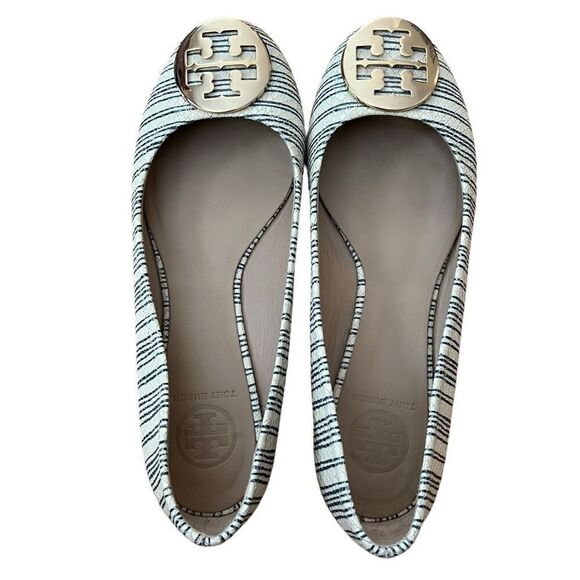 Tory Burch Reva Stripe Ballet Flat Beige Blue Snakeskin Size 8 - Picture 1 of 9